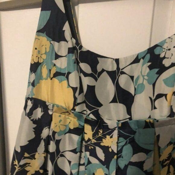 BCBG Paris Dress Floral Sleeveless Pleated Skirt Square Neck Silk Blue/Yellow 2 - Picture 7 of 13